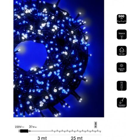 Catena luminosa bicolore Natale 500 led 25 mt serie luminosa natalizie cavo verde albero feste luce bianco rosso blu calda Bianco- Blu