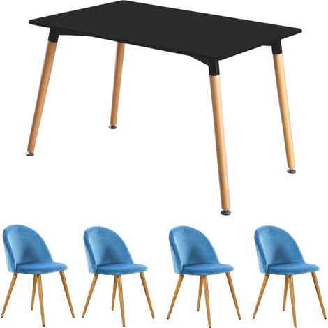 Halo Lucia Dining Set - a Black Wooden Dining Table and Set of 4 Blue Velvet Dining Chairs - Dining Room Kitchen (1/5)