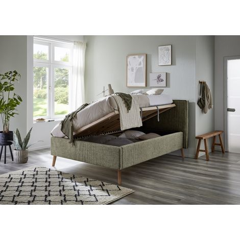 Meise Möbel Stauraumbett Riva 140x200 cm Doppelbett Bettkasten & Lattenrost (Federholzrahmen) Webstoff Moosgrün Holzfuß eichefarbig (1/5)