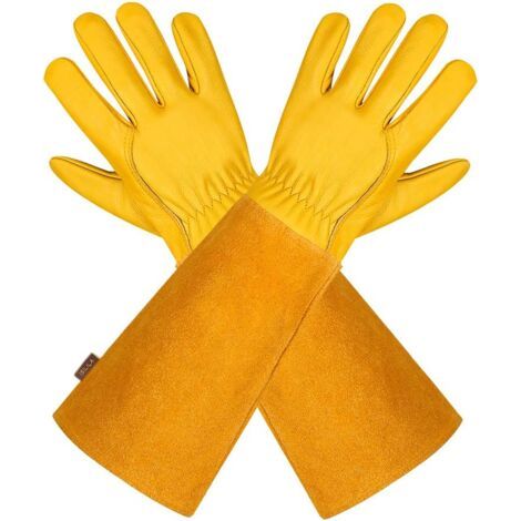 Gants de jardinage en cuir respirant pour hommes et femmes avec gant anti-épines, cuir de vache à manches longues pour jardinier et agriculteur, jaune L (1/5)
