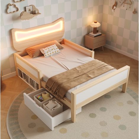 Letto per bambini in legno bianco e rovere, 90x190 cm, con testiera a forma di gatto con LED RGB, rete a doghe inclusa e contenitore modulare. (1/5)