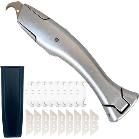 Cutter Professionnel, Cutter pour Moquette avec 10Lame Trapézoïdale et 10 Petite Lame à Crochet,Couteau de Pro pour Moquette,Ensemble de Couteaux à Crochet pour la Découpe de Revêtements de Sol en PVC (1/5)