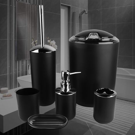 6-teiliges Badezimmer-Accessoires-Set: Zahnbürstenhalter, Abfalleimer, Seifenspender (Schwarz) (1/5)