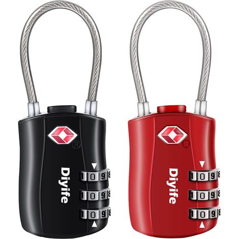 Serrures à Bagages TSA 2 Pack, Cadenas de sécurité à 3 Chiffres, Noir + Rouge Cadenas Valise Avion à 3 chiffres, Câble Flexible, Serrures pour Bagages, Les Valises de Voyage, Sac de Bagages, Sac à Do (1/5)