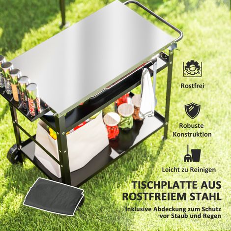 Chariot de barbecue 3 niveaux avec plan de travail, poignées, housse et roues, table de cuisson en inox, 100 x 52 x 80 cm, noir (1/4)