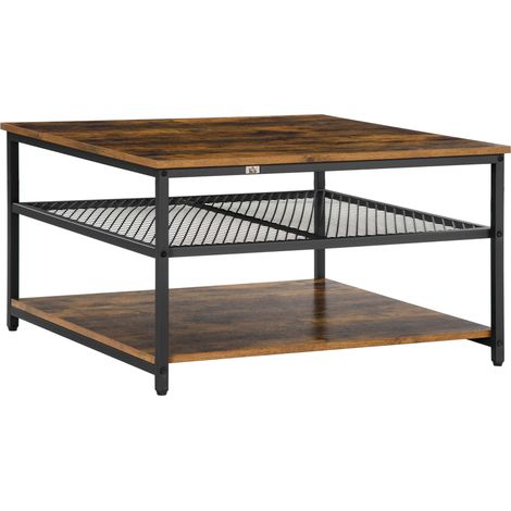 Coffee Table, Living Room Table with 3-Tier Storage Shelves, Square Tea Table for Home Office, Rustic Brown (1/5)