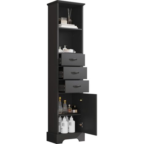 Armario alto de baño 38x26x172,5 cm de MDF lacado negro con 3 cajones y estantes ajustables (1/5)