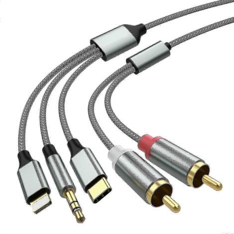 Câble audio 3 en 1 : Lightning/RCA/USB-C vers 3,5 mm/RCA, compatible avec les systèmes audio de voiture, de home cinéma et d’enceintes. (1/5)