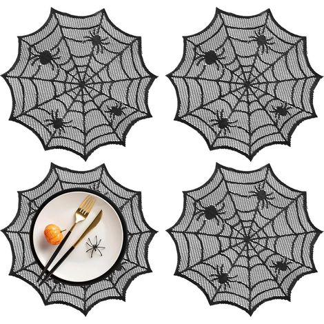 Lot de 4 nappes, sets de table et dessous de verre isolants en dentelle noire imperméable, motif toile d'araignée, pour Halloween (1/5)
