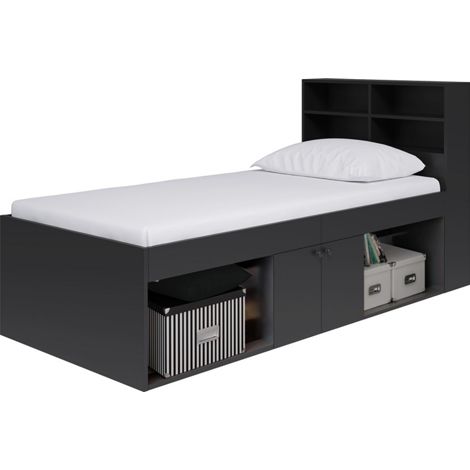 3 Feet Low Cabin Bed with Bookcase Headboard - L214 x W96 x H100 cm - Black - Assembly Required