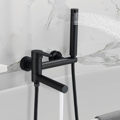 Mitigeur Baignoire Noir - 1 Unité - Laiton et Acier - Douchette 2 Fonctions - Salle de Bain - Filetage 1/2" (1/5)