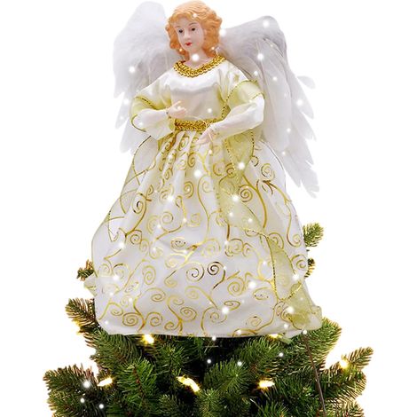 Cime de Sapin Ange LED - 32cm avec Ailes Plumes - Or Brillant - Alimentation Piles - Décoration Fête (1/5)