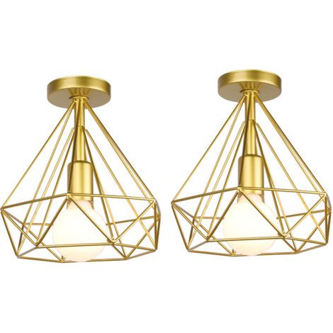 royaluxe- 2PCS Lampe De Plafond Rétro Vintage En Forme De Diamant 25CM (Or) Plafonnier Industriel En Métal Et Fer E27 Pour Restaurant Et Café (1/5)