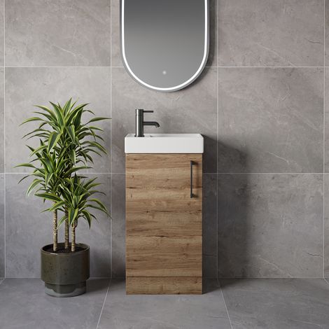 Napoli Cube Tobacco Oak 400mm Single Door Vanity Unit with Align Basin - 400mm - Gunmetal Grey 160mm Handle