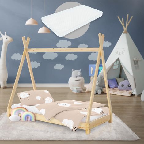 ML-Design Cama Infantil Tipi Natural 70x140 cm con Colchón de Espuma Fría y Somier de Listones, Cuna de Suelo Juvenil de Madera Maciza de Pino, Lecho para Niño y Bebé, Casa Tienda de Campaña Juego (1/5)