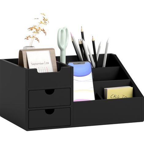 Caja de almacenamiento de escritorio - Organizador de escritorio - 7 compartimentos, 2 cajones - Bambú barnizado negro (1/5)