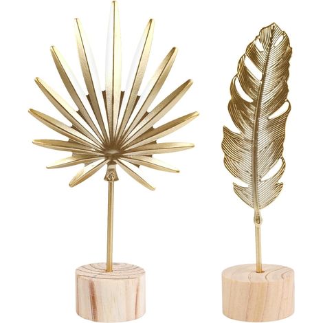 Ensemble de 2 supports décoratifs floraux en métal, décoration de statue créative avec motif de plumes et de feuilles de boulettes, sculpture de (1/5)