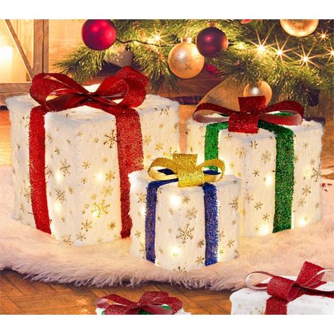 COSTWAY Set di 3 Scatole Regalo Illuminate per Natale, Decorazione Natalizia Pre-illuminata con 48 Luci Calde e Luminose, per Casa e Giardino (Bianco) (1/5)