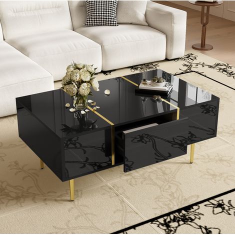 Tavolino 100x60x41,5 cm nero lucido con 2 cassetti, MDF e metallo MEUBLIV (1/5)