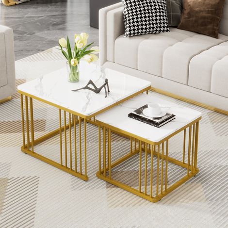 Ensemble de 2 tables basses carrées en marbre brillant, des tables coulissantes avec pieds dorés, 60 x 60 x 45cm et 45 x 45 x 40cm