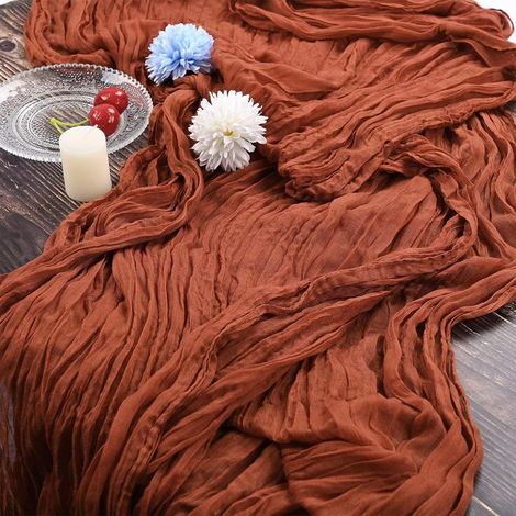 Chemin De Table - Etamine Coton Froissé - 90 x 300 cm - Rouille - Pour Mariage Fête Prénuptiale Décoration Table - Lot De 2 (1/4)