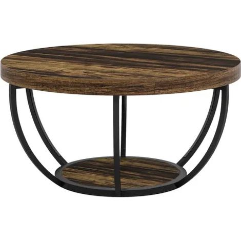 Mesa auxiliar redonda de dos niveles con efecto madera y estructura metálica (1/5)