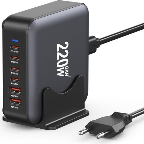 220-W-USB-C-Multi-Ladestation mit 6 Anschlüssen 【4 USB-C + 2 USB-A】 Kompakter GaN-Schnelllade-Hub, PD+QC 3.0 Laptop-Ladegerät, Netzteil, kompatibel mit iPhone/iPad/Samsung/Laptops (Schwarz, EU) (1/5)