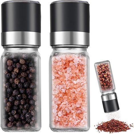 2-teiliges Set – Pfeffermühle – Salzmühle – Verstellbare manuelle Glasmühle mit Keramikmahlwerk für Küche und Esstisch, transparent, 120 ml (1/5)
