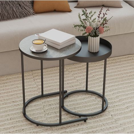 Table basse gigogne lot de 2 rondes metal gris OKMYHOME (1/4)