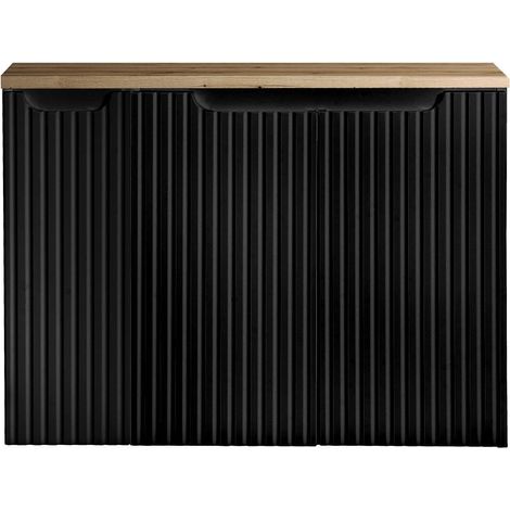 Mobile Sottolavabo NEWPORT da Parete con 3 Ante e Ripiano 80x60x40 cm - Nero/Effetto Rovere [en.casa]