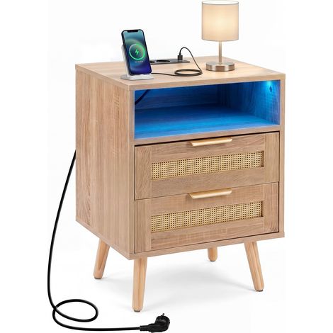COSTWAY Comodino Camera Letto Tavolino Laterale Cassetto Scomparto Ripiano Stazione Ricarica Prese Luci Led Regolabile Moderno Salvaspazio Design Basso Piccol (1/5)