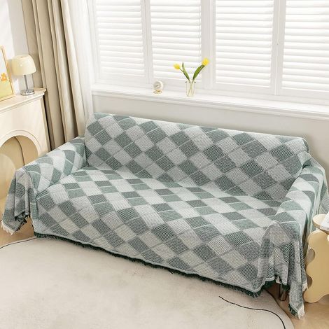 Jeté de canapé réversible à carreaux verts avec pompons décoratifs - 130 x 180 cm - Housse de canapé multifonctionnelle à motif losanges (1/5)