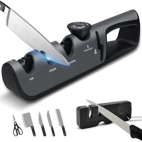 Professioneller Messerschärfer, 4-in-1-Messerschärfer mit Schere, 6-stufig einstellbarer Winkelknopf-Messerschärfer, multifunktionaler manueller Messerschärfer & Taschenschärfer (grau) (1/5)