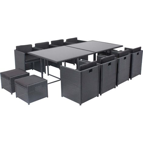 Concept-Usine – Ensemble table et chaises de jardin 12 places – Résine tressée noire – Table rectangulaire avec plateau en verre – Fauteuils confortables avec coussins déperlant