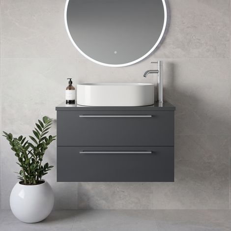 Napoli 390 Gloss Grey 800mm Wall Mounted 2 Drawer Vanity Unit for Countertop Basins - 800mm - Chrome 480mm Handle