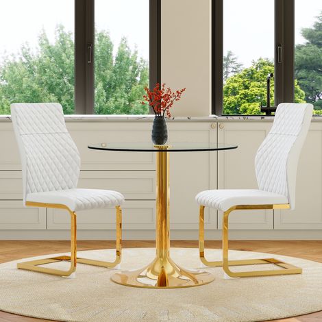 Ensemble table ronde en verre trempé 85 cm avec 2 chaises blanches et dorées OKWISH (1/5)