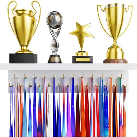 Porte-médailles, étagère pour trophées, étagère en bois robuste avec 25 crochets en acier, support mural pour médailles de course et trophées (1 Pièce, Blanc) (1/5)