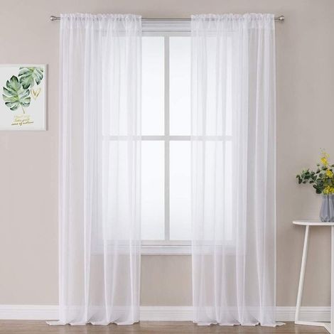2 Panneaux Rideaux Voilages Tissu Polyester Doux Semi-Transparent Couleur Pure Voilage de Fenêtre Lisse Élégant Chaleureux pour Salon Tige de Poche 140x180cm Blanc (1/5)