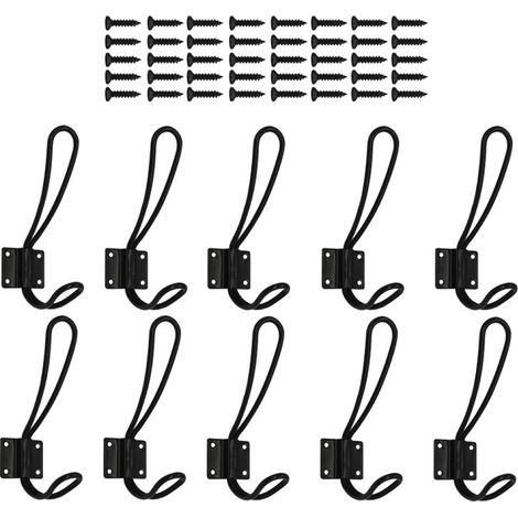 Lot de 10 crochets d'entrée rouillés - Crochets muraux noirs à suspendre avec 40 vis métalliques, crochets doubles vintage, durables et faciles à installer, crochets rustiques pour suspendre des vête