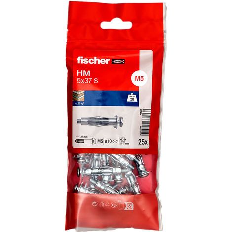 Fischer – Cheville pour support creux 5 x 37 mm – Lot de 25 – Métal électrozingué pour plaques de plâtre et panneaux légers – Charge élevée
