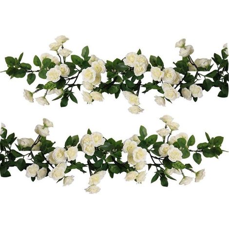 Lot de 2 guirlandes de roses artificielles suspendues (1,78 m par guirlande), lierre, rose artificielle, pour la maison, les fêtes et le jardin (69 petites roses blanches). (1/5)