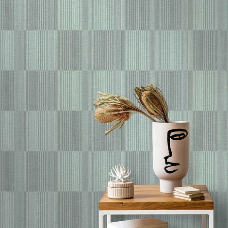 Papier peint à motif rayés vert style rétro | Tapisserie verte & grise à rayures | Papier peint motif géométrique pour salon (1/3)