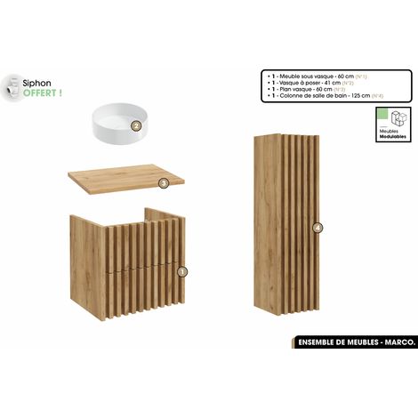 Ensemble complet de salle de bain - Meuble - Colonne - Vasque à poser avec Siphon OFFERT MARCO Oak 60 x 56 x 45 cm (1/5)