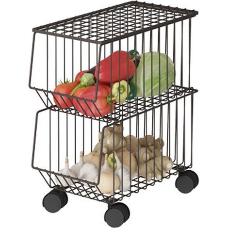 Étagère de rangement mobile en fer, à 2 niveaux, avec panier de séchage en maille et roulettes, idéale pour ranger fruits, légumes et jouets. Gain de place garanti pour la cuisine, le salon ou la tabl (1/4)