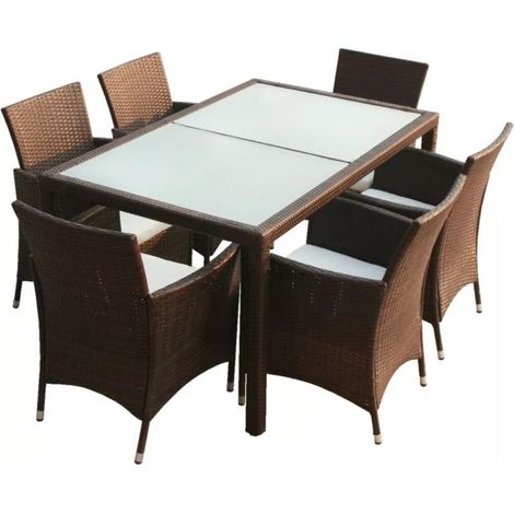 Table rectangulaire et 6 chaises de jardin résine tressée marron Mik (1/5)