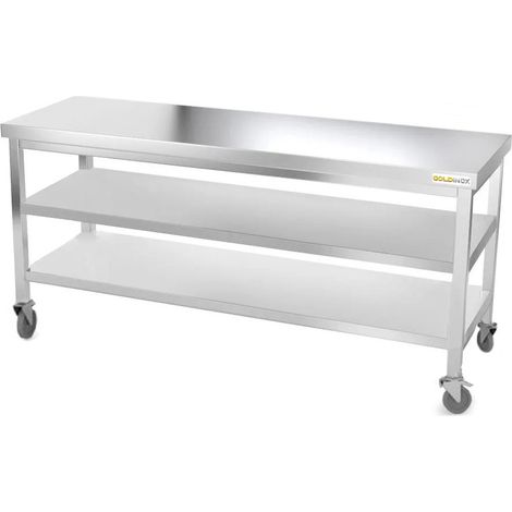 Table de travail en inox 1800 x 700 mm avec 2 étagères sur roulettes PREMIUM - GOLDINOX (1/4)