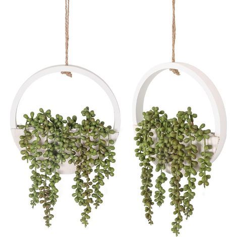 2 Pieces Artificial Succulents Hanging Plants 12.2'' Faux String of Pearls Potted with 8.3'' Cord for Indoor Outdoor Wall Decor. (1/5)
