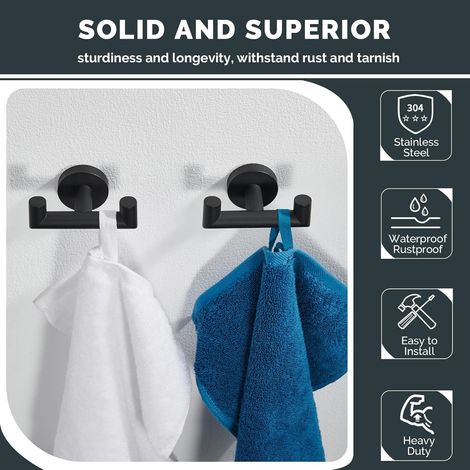 Ganci doppi da parete per bagno, in due pezzi, in acciaio inox SUS 304, adatti per accappatoi, portasciugamani e portastrofinacci da cucina, colore nero. (1/5)