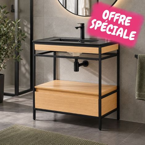 Stano. – Meuble salle de bain UNIK 80 cm – métal noir – vasque céramique noire avec trop-plein intégré – tiroir avec fermeture amortie (1/5)