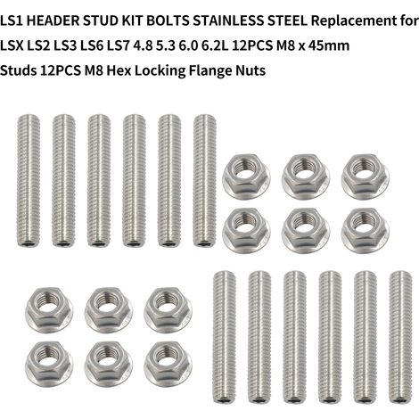 LS1 KIT DE GOUJONS D'EN-TÊTE BOULONS EN ACIER INOXYDABLE Remplacement pour LSX LS2 LS3 LS6 LS7 4.8 5.3 6.0 6.2L 12PCS Goujons M8 x 45mm Écrous à bride de verrouillage hexagonal (1/5)